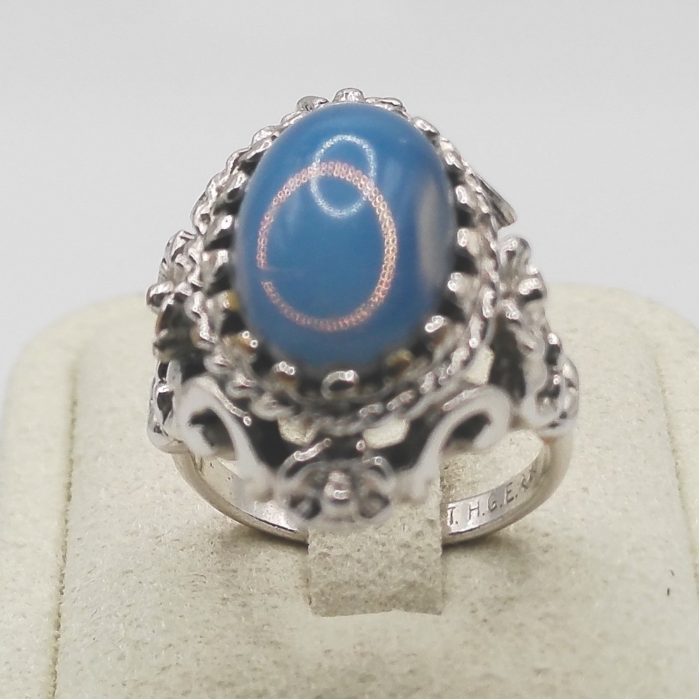 Ornate Blue Cabochon Cocktail Ring Silver Tone Floral Scroll Size 7